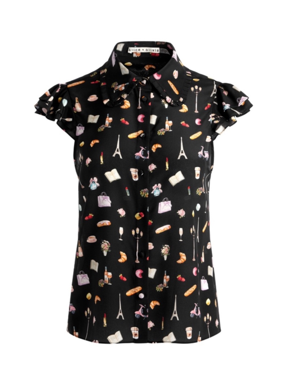 NEW Alice + Olivia Martel Black Paris Print Silk Blouse Ruffle Cap Sleeve Top L